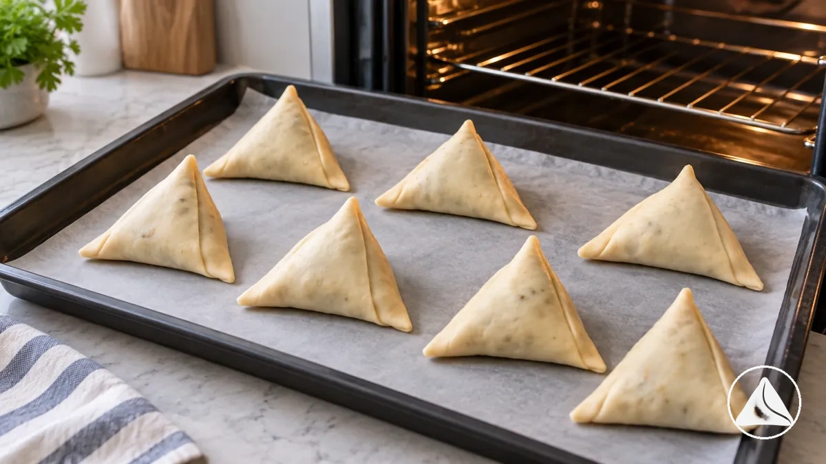 Samosas dispuestas con espacio entre ellas en una bandeja de horno antes de introducirlas en el horno
