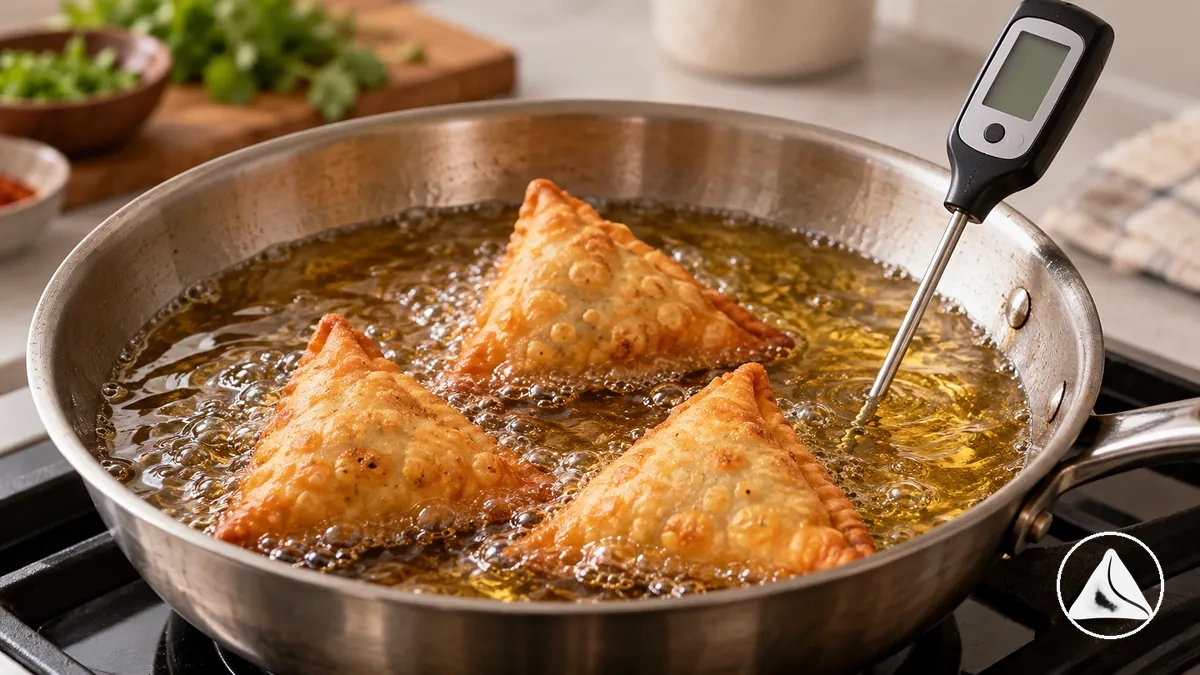 Termómetro de cocina que mide la temperatura del aceite mientras se fríen las samosas.