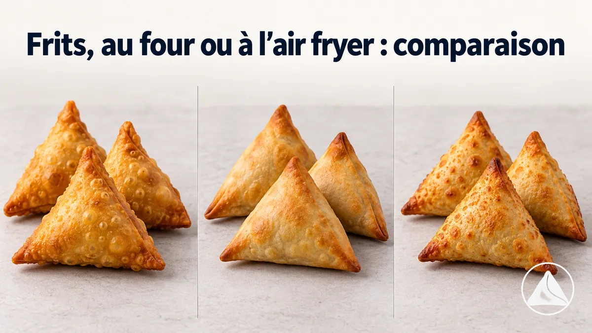 Samosas frits, cuits au four et à l’air fryer présentés côte à côte
