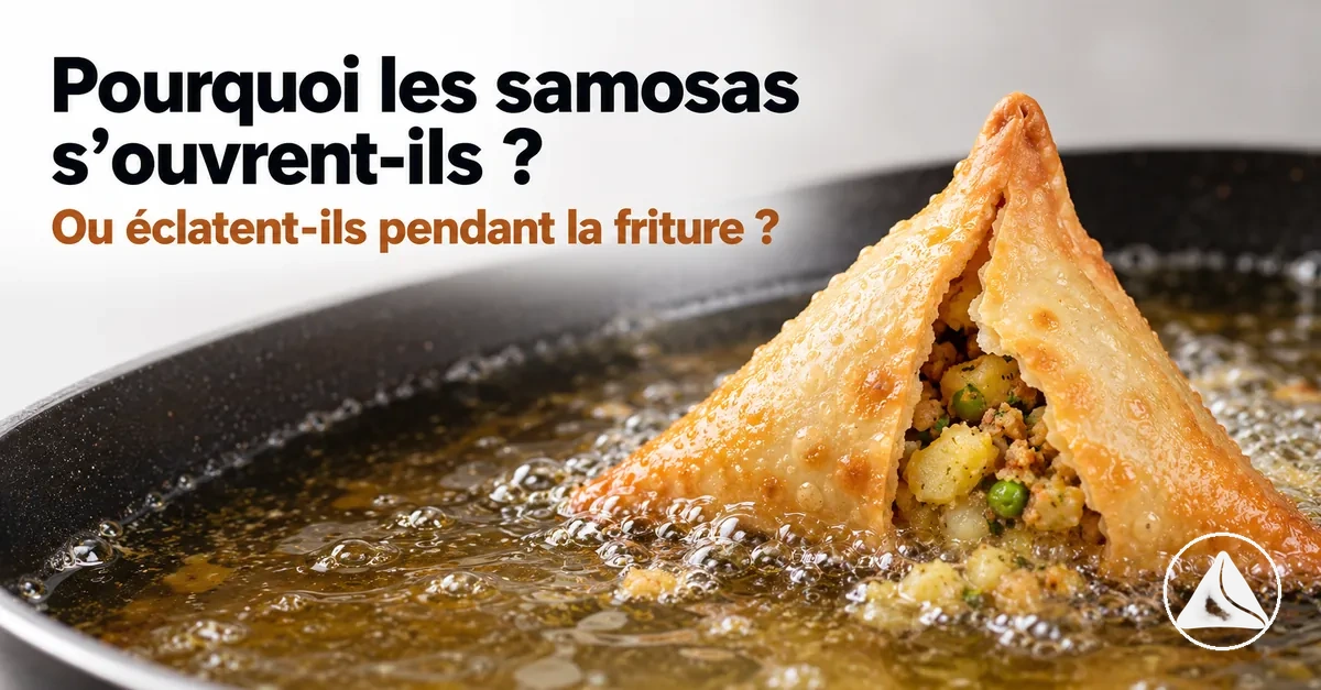 Samosa ouvert pendant la friture avec de la farce qui s’échappe par la jointure