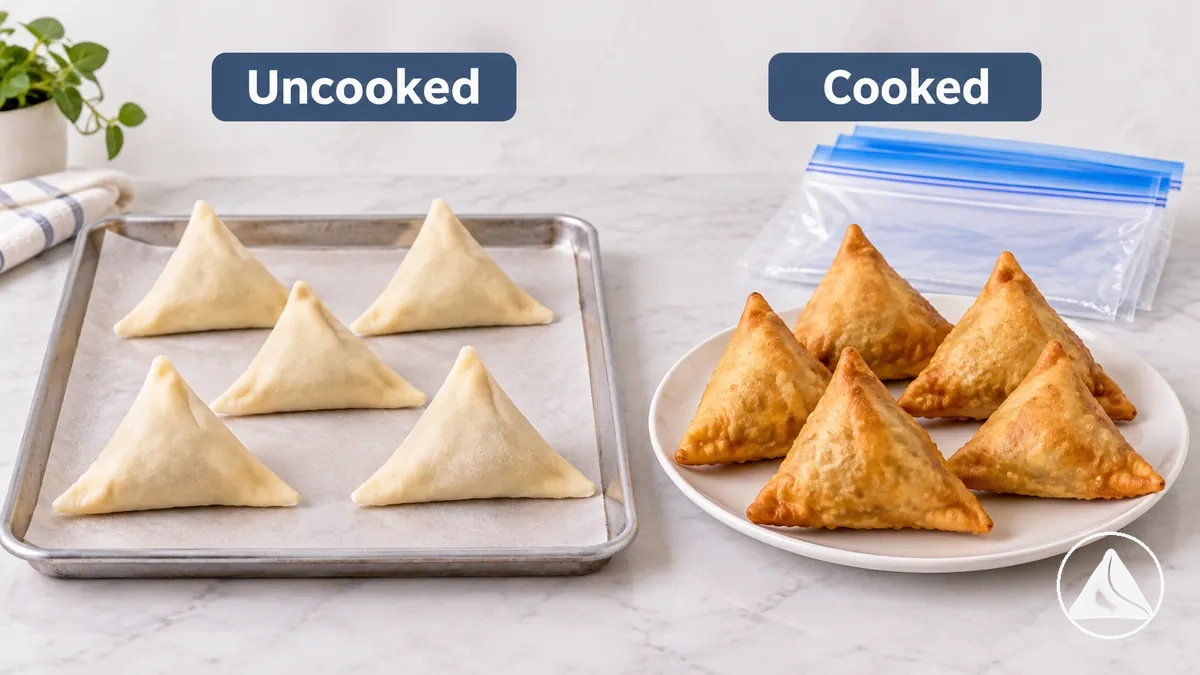 Samosas crus et cuits disposés séparément pour la préparation à la congélation