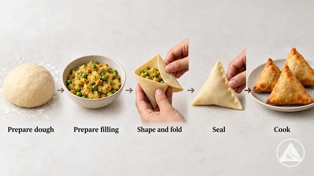 Visuel étape par étape montrant les principales étapes de la préparation des samosas, de la pâte et de la farce au façonnage, au scellage et à la cuisson