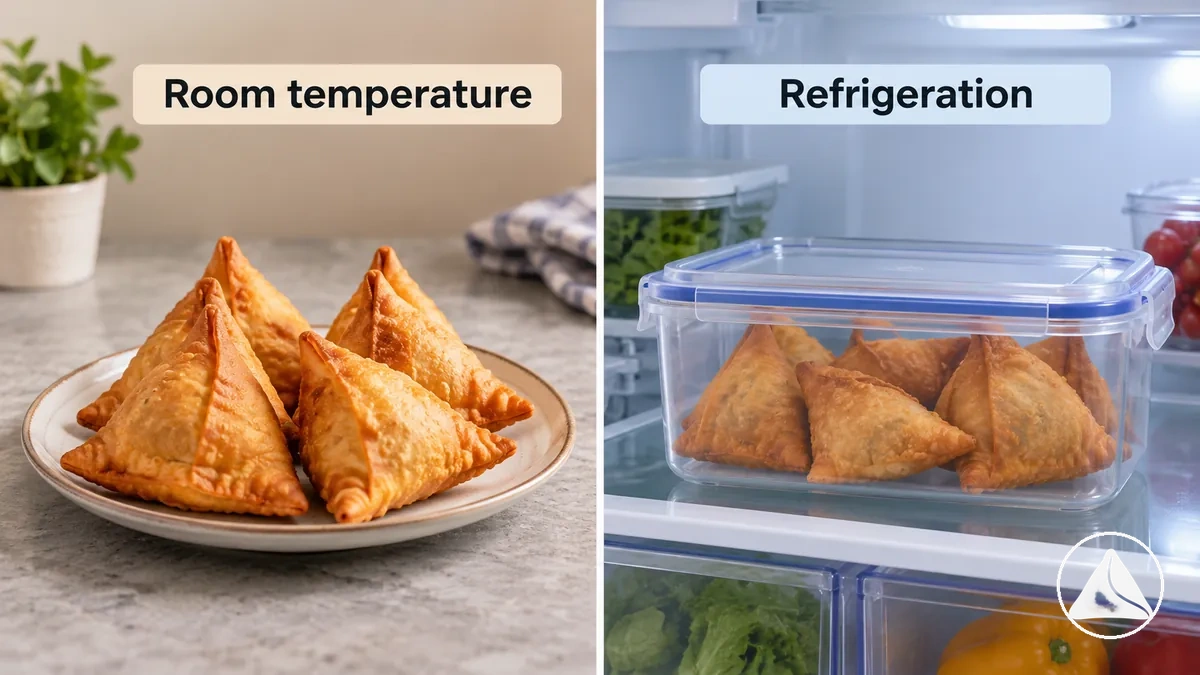 Samosas cuits maintenus à température ambiante, comparés à des samosas placés dans un récipient au réfrigérateur