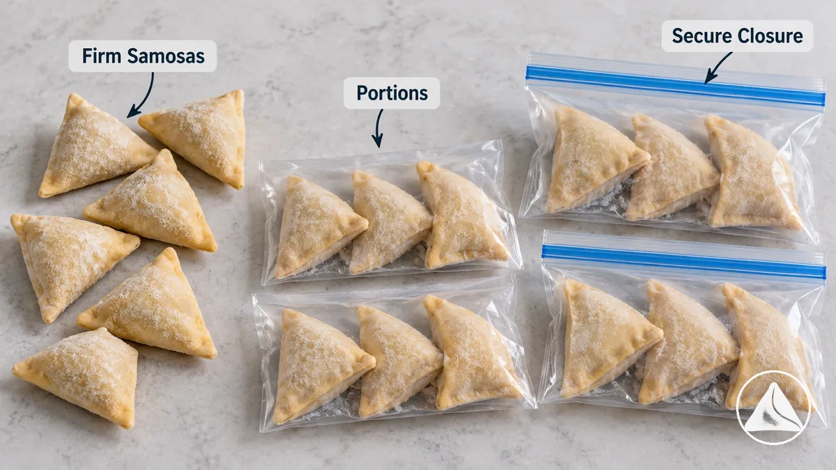 Samosas crus congelés à cœur divisés en portions et placés dans un emballage de congélation