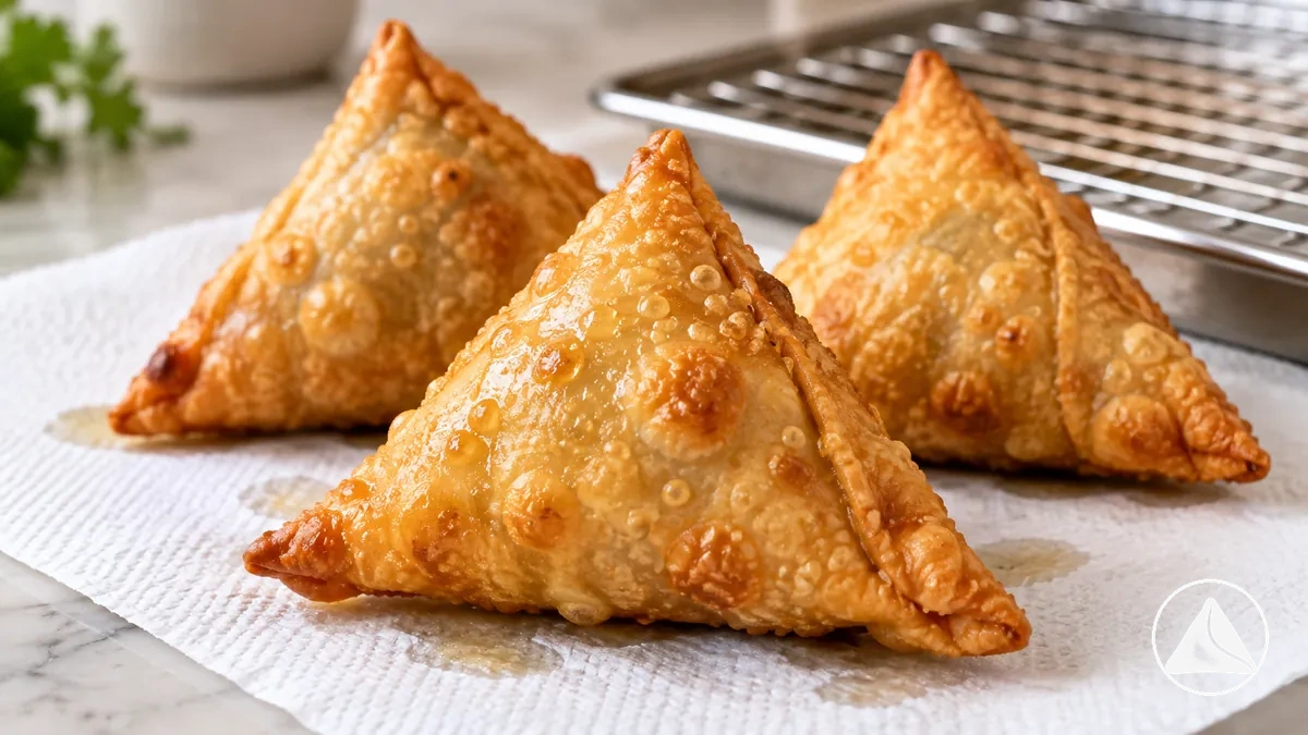 Samosas frits brillants, papier absorbant et grille permettant l’égouttage de l’huile de surface