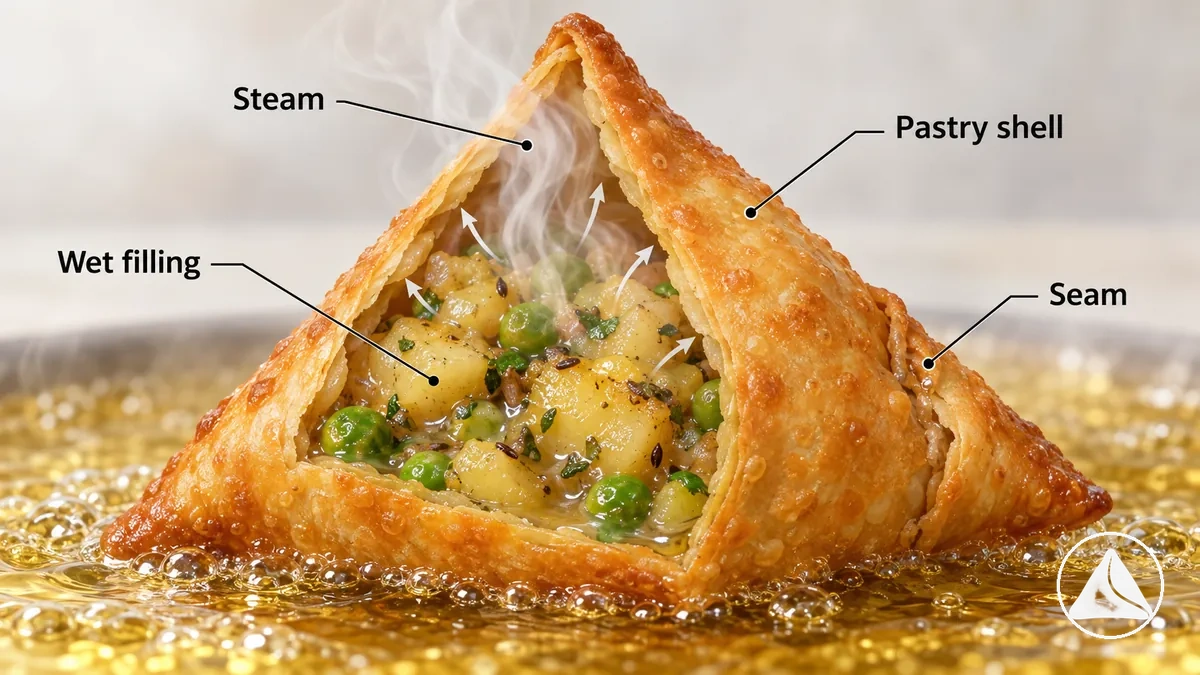 Schéma en coupe d’un samosa montrant une farce humide, de la vapeur à l’intérieur de l’enveloppe de pâte et une soudure qui peut être vulnérable à la pression
