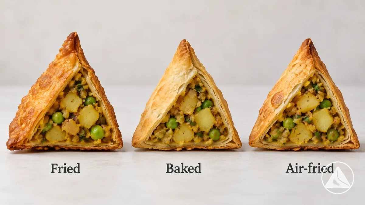 Samosas frits, cuits au four ou à l’air fryer coupés montrant la croûte et la garniture pour la comparaison sensorielle
