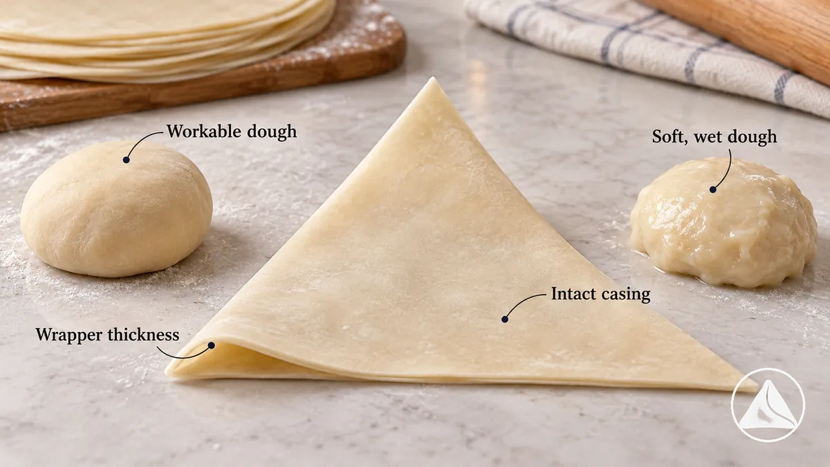 Pâte à samosa et enveloppes étalées montrant l’humidité de surface, la fermeté et l’épaisseur de l’enveloppe