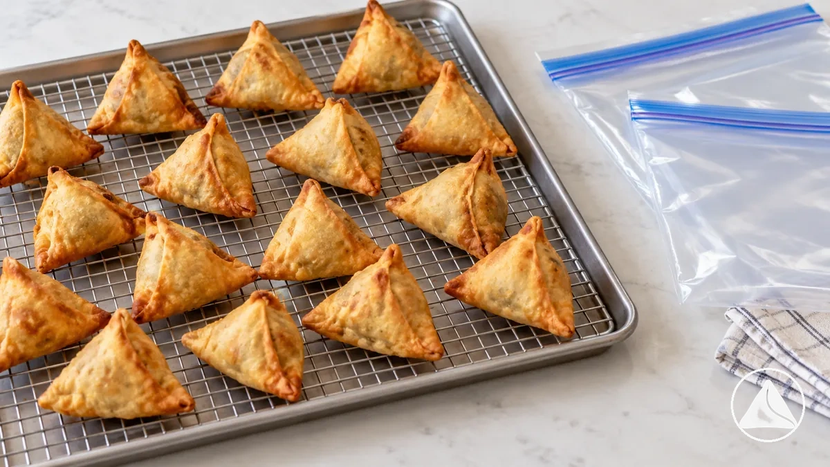 Refroidissement complet des samosas cuits avant congélation