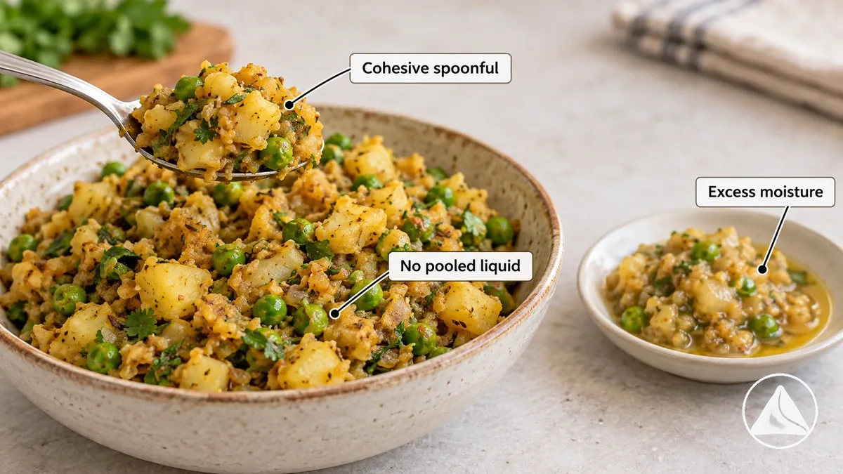 Farce de samosa liée, sans liquide libre visible, formant une portion stable à la cuillère avant le pliage