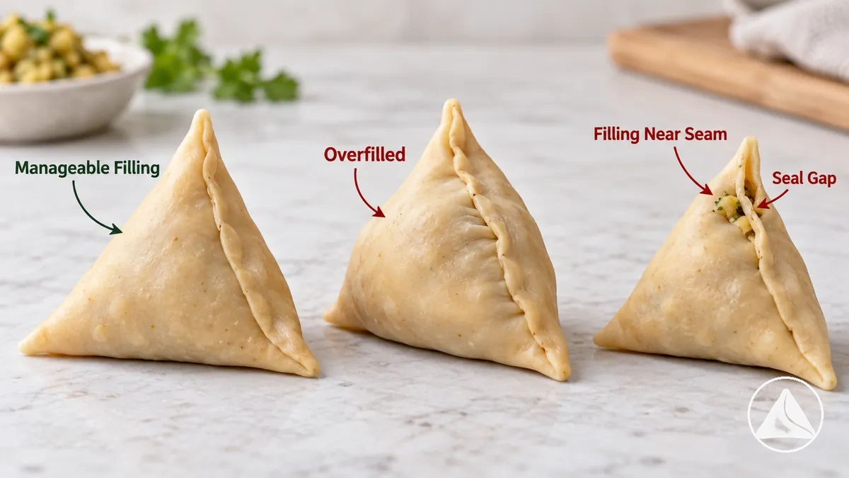 Samosas présentant une farce maîtrisée, une pression de farce excessive et une soudure incomplète avant la friture