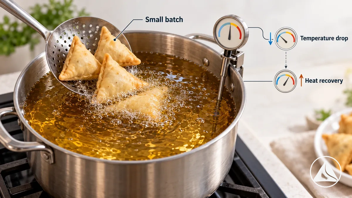 Samosas plongeant dans un bain d’huile pendant la friture