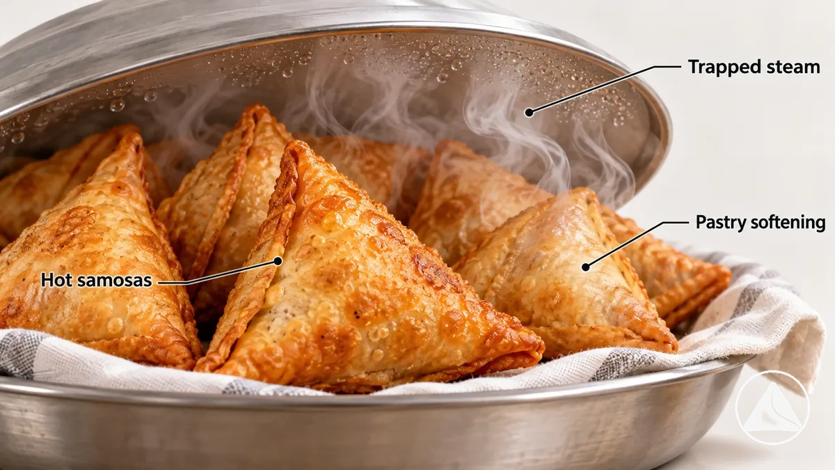 Samosas chauds couverts alors que la vapeur est emprisonnée autour de la pâte.
