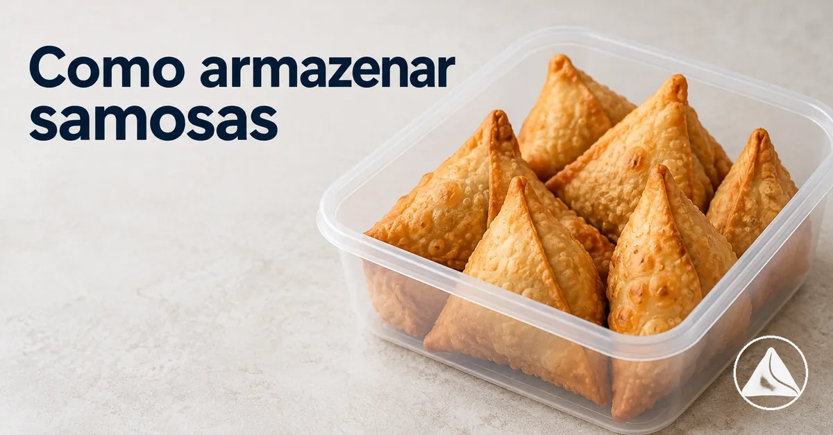 Samosas prontas armazenadas em um recipiente para preservar a textura