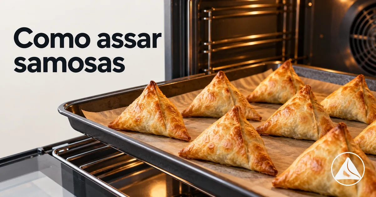 Samosas assando em uma assadeira até ficarem crocantes e douradas por igual