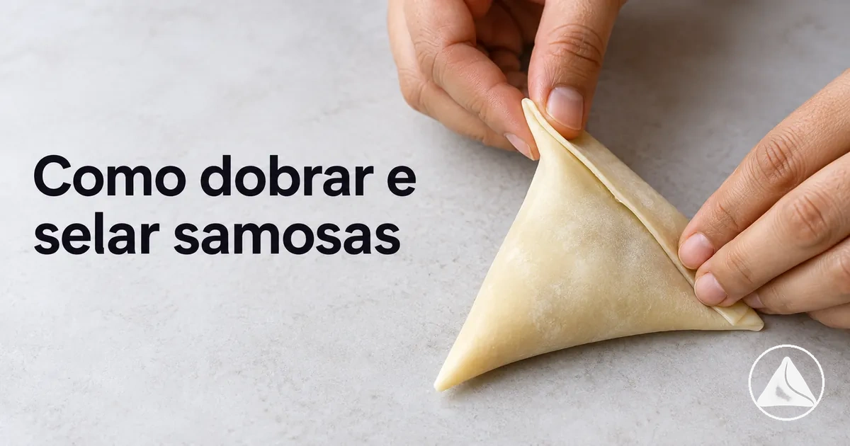 Massa de samosa sendo dobrada e selada em formato triangular