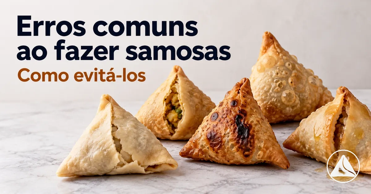 Várias samosas mostrando erros comuns de preparo e fritura