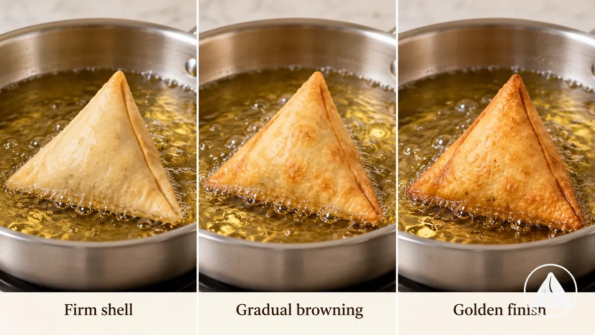 Samosas firmes passando da massa pálida por douramento gradual até o acabamento dourado uniforme.