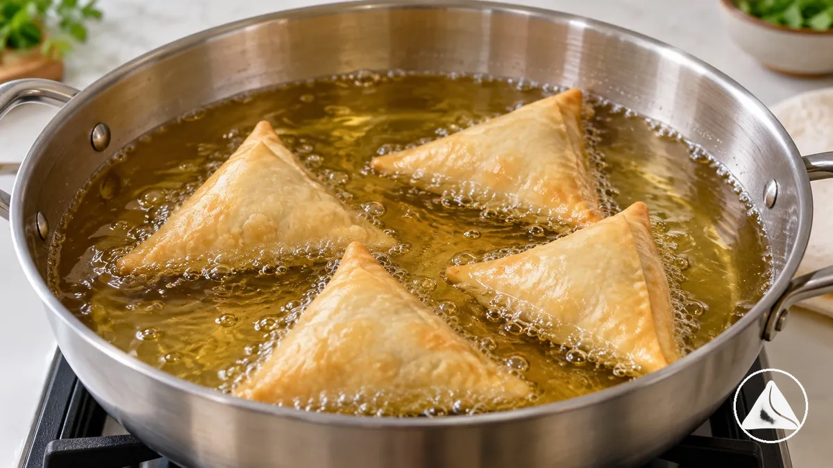 Samosas de palha a dourado-claro fritando suavemente com borbulhamento constante enquanto a massa começa a firmar.