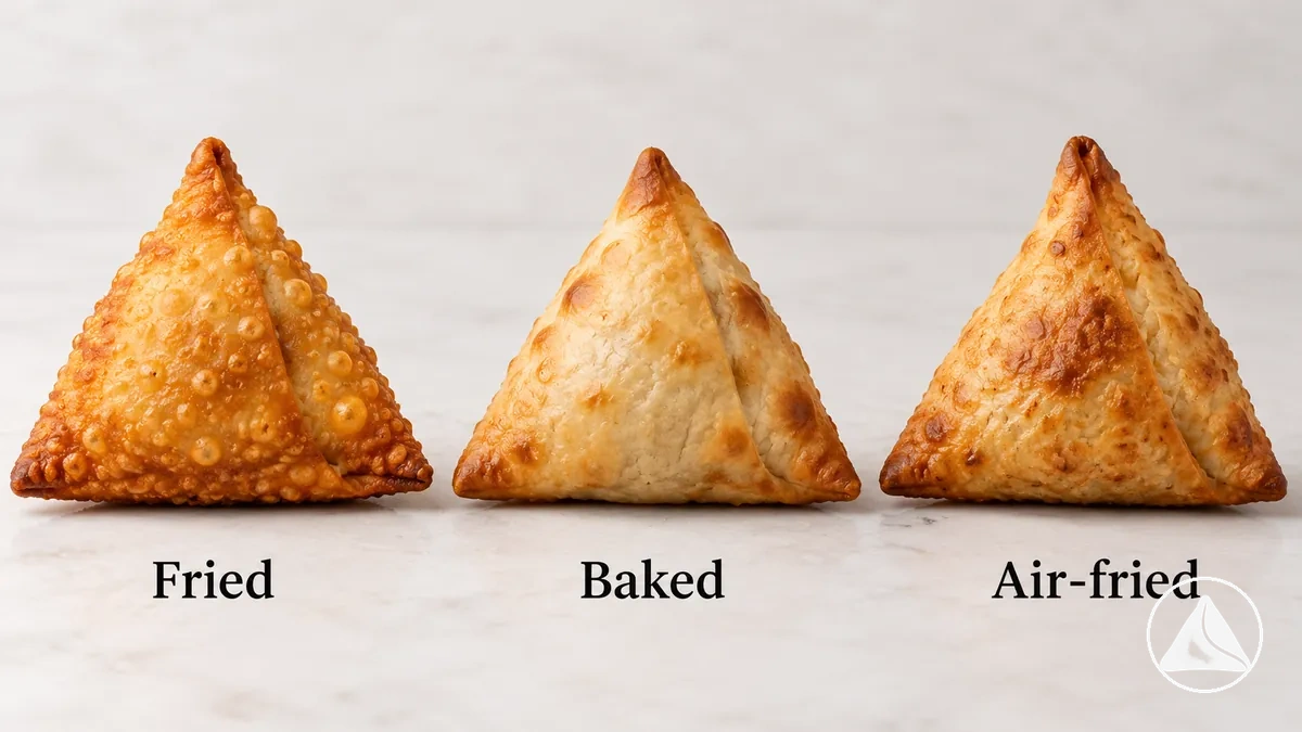 Samosas fritas, assadas e feitas na air fryer comparadas nas mesmas condições de visualização