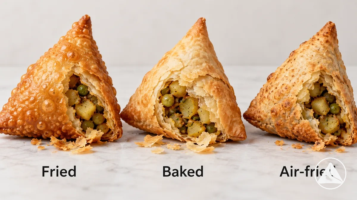 Comparação de perto das texturas de massa de samosas fritas, assadas e feitas na air fryer