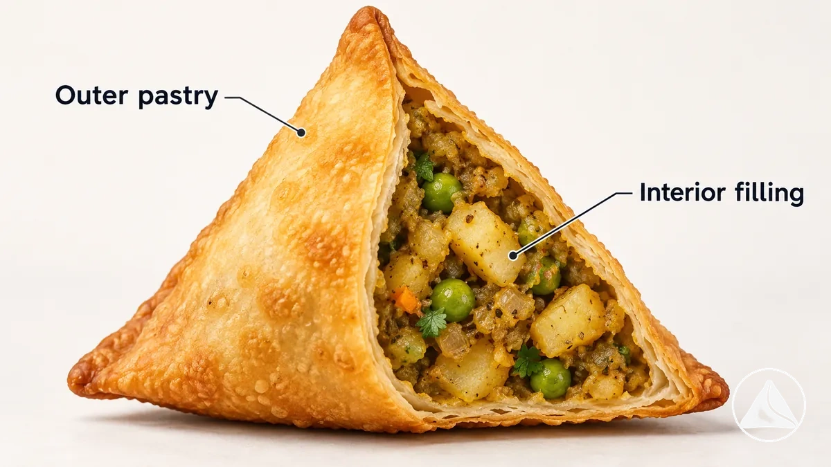 Diagrama em corte de uma samosa mostrando a massa externa e o recheio interno