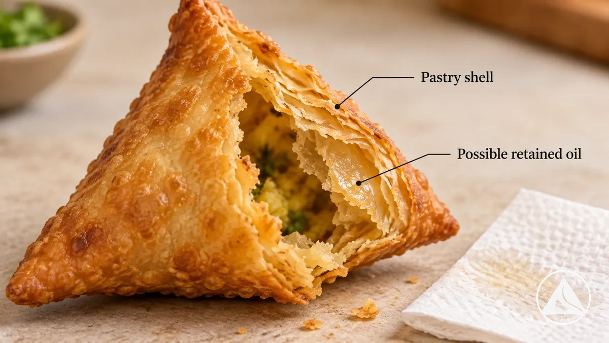 Samosa cortada com a casca destacada como a área onde o óleo absorvido pode permanecer.