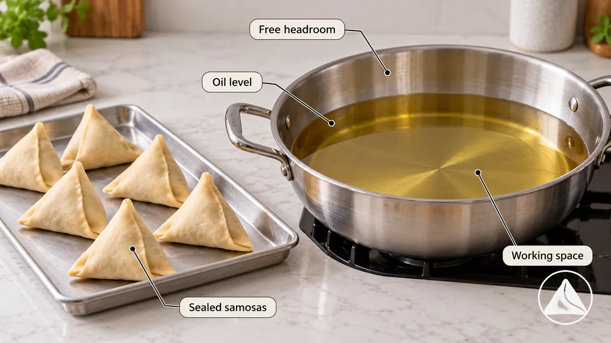 Samosas seladas e preparadas ao lado de uma panela funda com óleo, com espaço livre visível acima do óleo e área de trabalho desobstruída.