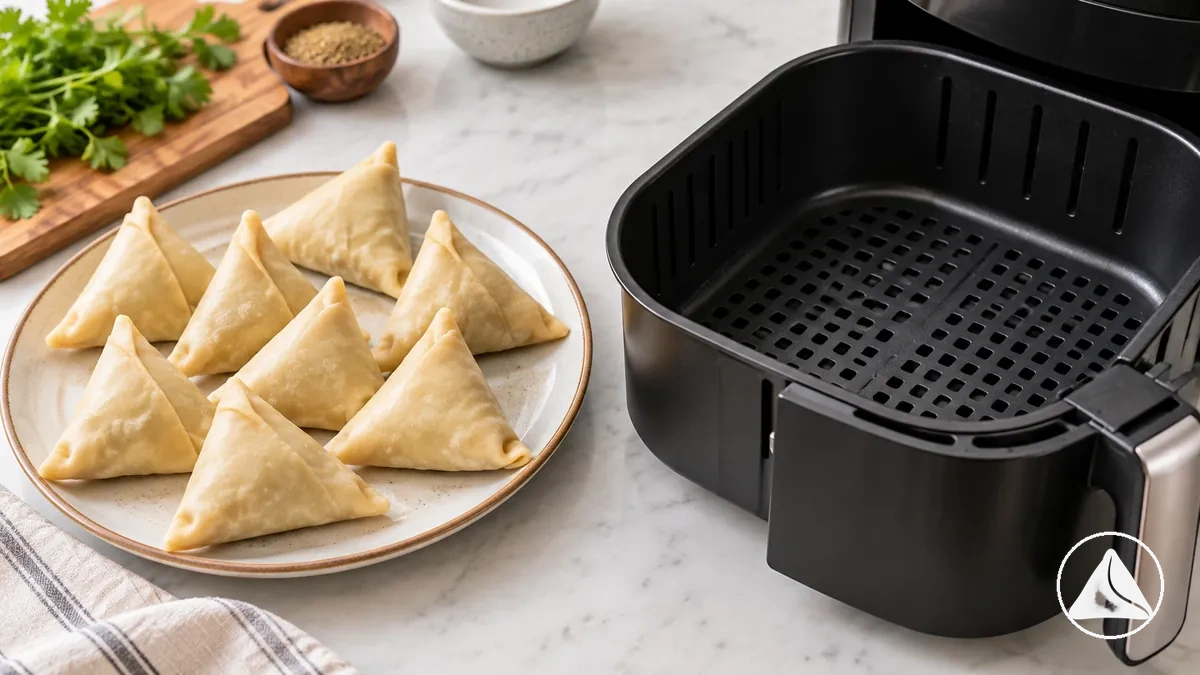 Samosas preparadas ao lado de um cesto de air fryer pronto antes do cozimento