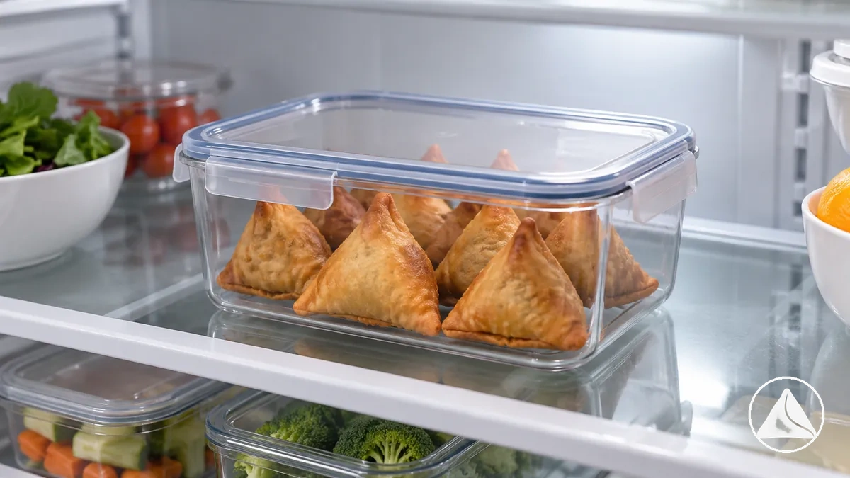 Samosas cozidas e resfriadas em recipiente fechado sobre prateleira de geladeira para armazenamento noturno