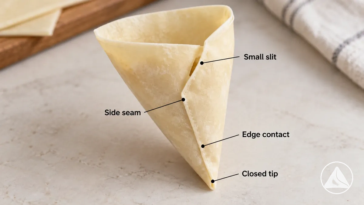 Cone de samosa vazio com uma fresta marcada perto da emenda lateral sobreposta, ponta do cone fechada e contato visível das bordas da massa para inspeção antes do recheio