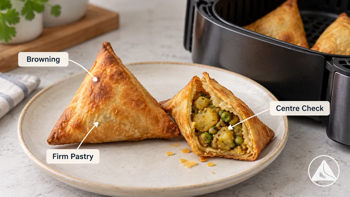 Samosas cozidas com massa dourada e firme como sinais visuais de ponto de cozimento