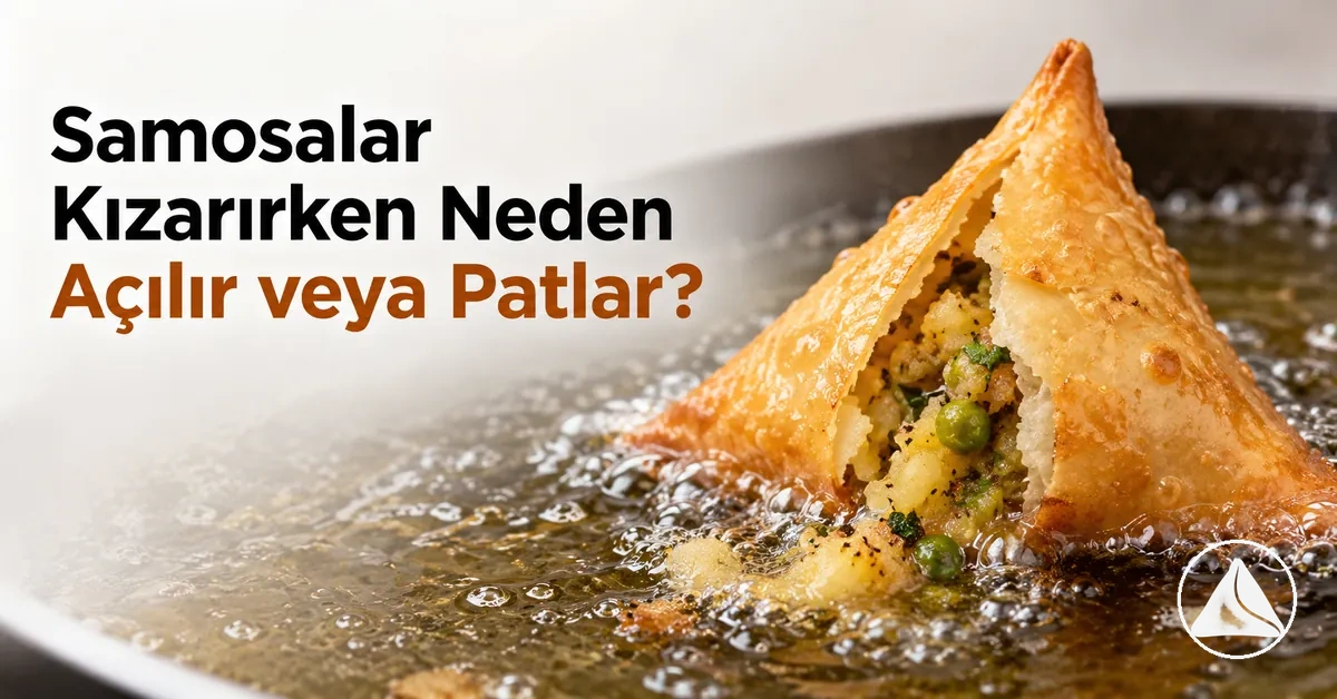 Kızartma sırasında açılmış ve birleşim yerinden iç harcı çıkan samosa