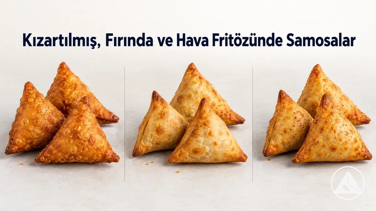 Yan yana duran kızartılmış, fırında pişirilmiş ve sıcak hava fritözünde pişirilmiş samosalar