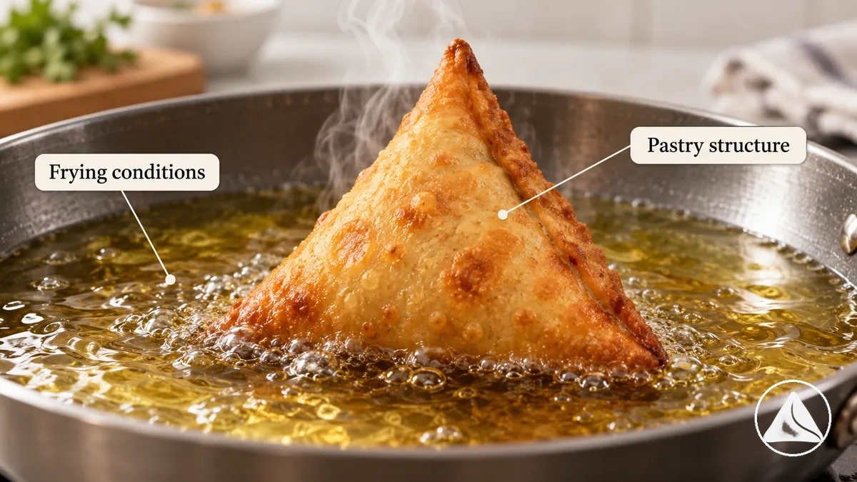 Kızartılan samosa illüstrasyonu, hamur kılıfından nem çıkışı ve dış yüzeyini saran yağ.