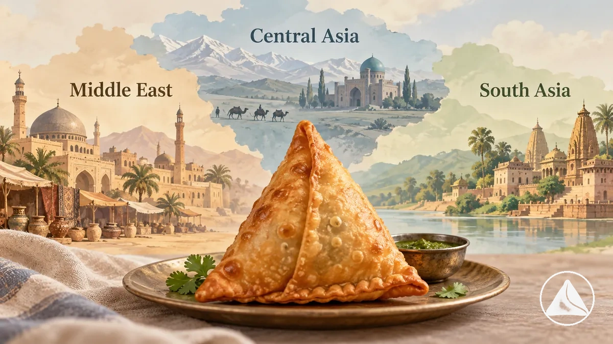 Geniş tarihi bölgesel bağlam içeren samosa illüstrasyonu
