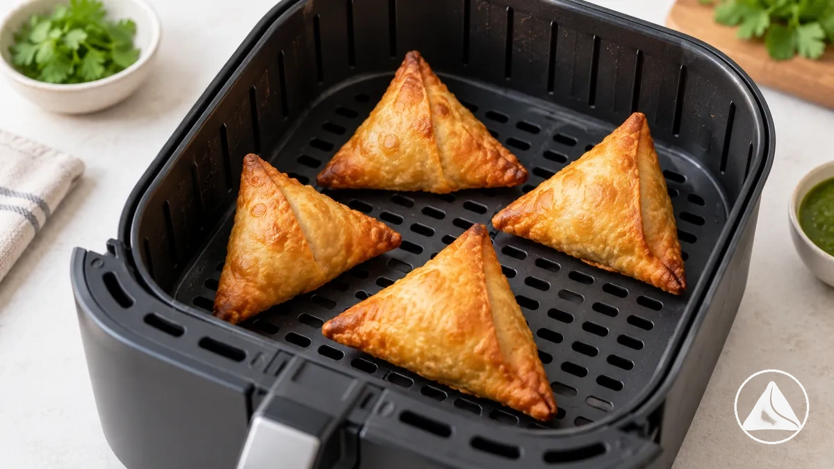 Yeniden ısıtma için fritöz sepetinde tek katman halinde düzenlenmiş pişmiş samosalar