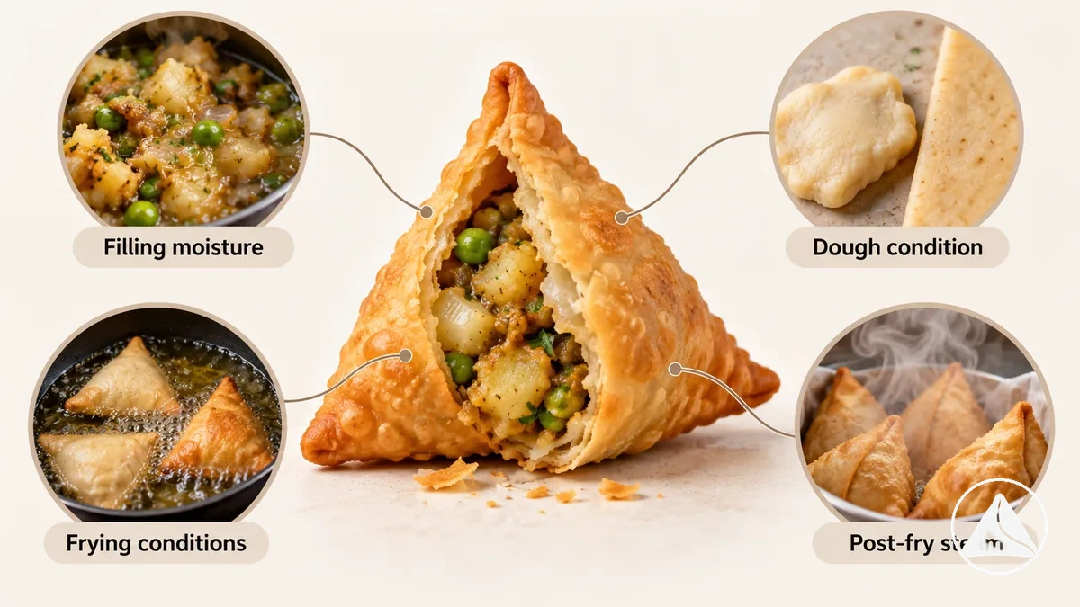 İç harcın nemi, hamur, kızartma ve sıkışan buhar gibi olası çıtırlık faktörlerini gösteren işaretlenmiş samosa.